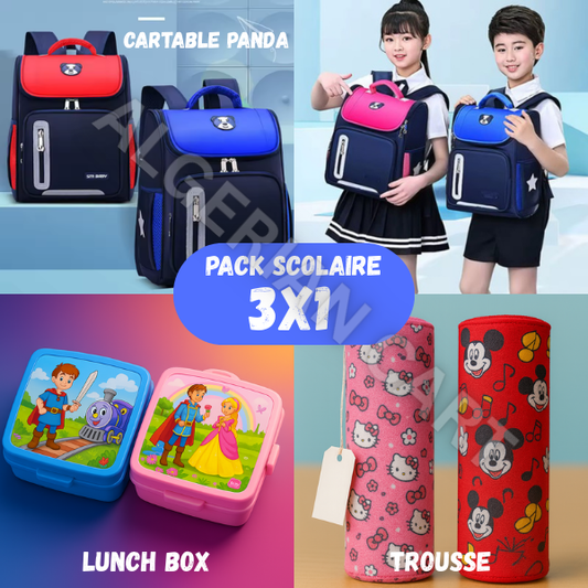 Pack 3 x 1 Panda Scolaire™ – Kit Complet Enfant : Cartable + Trousse + Lunch Box